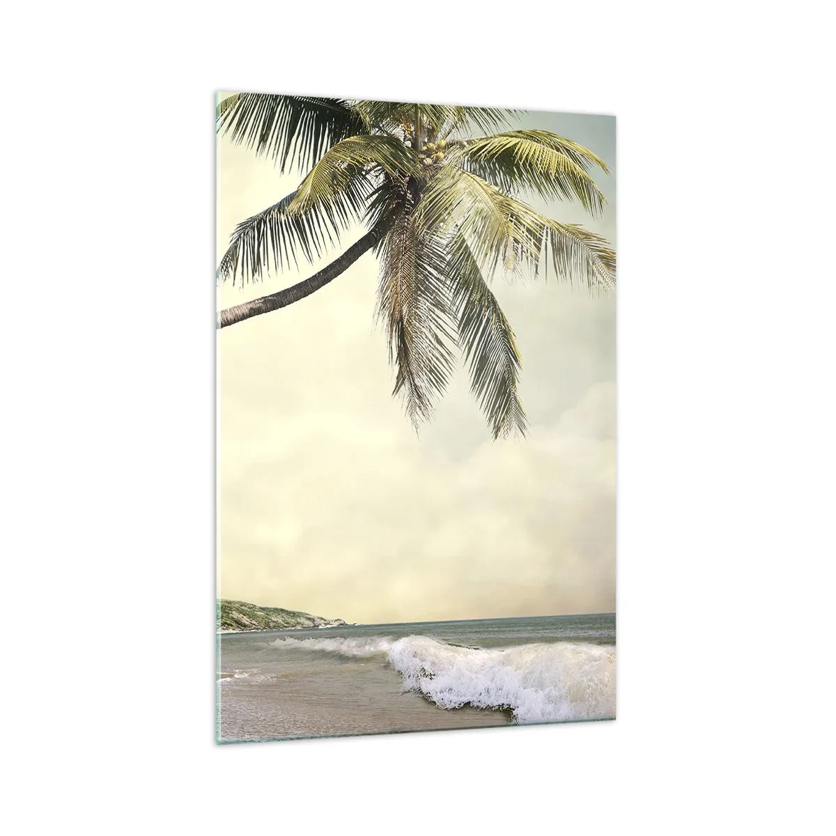 Impression sur verre - Image sur verre - Une plage avec des palmiers sur fond de mer calme - 70x100cm - Rêve tropical - Décoration murale moderne pour le salon et la chambre ARTTOR