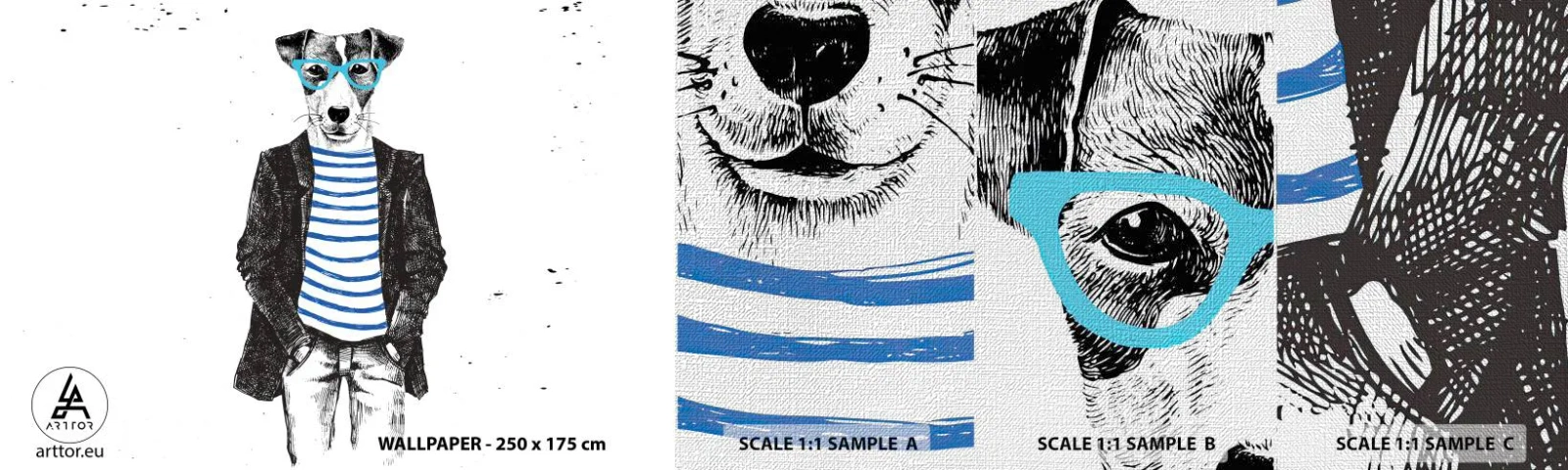 Échantillon de Papier Peint Premium Canvas - Un charme de chien - Abstraction, Homme, Chien - 100x30 cm