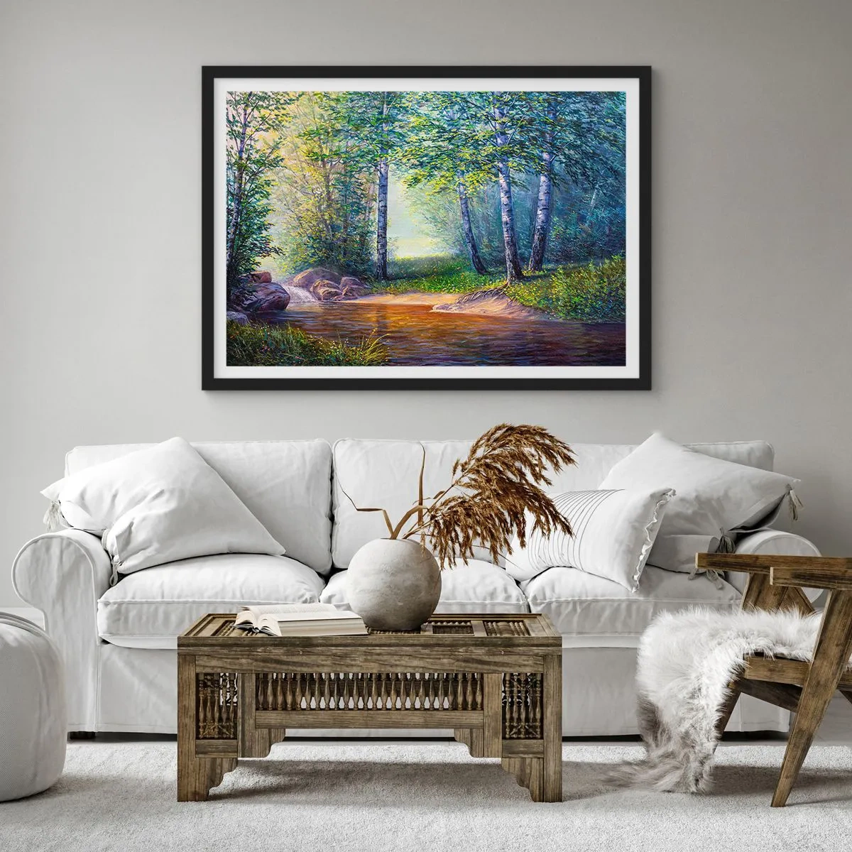 Affiche dans un cadre noir - Poster - Un ruisseau forestier entouré de bouleaux et de soleil - 70x50cm - Paysage idyllique - Décoration murale moderne pour le salon et la chambre ARTTOR