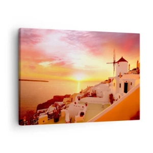 Impression sur toile - Image sur toile - Santorin au coucher du soleil avec un moulin à vent - 70x50cm - Fondre en blanc et or - Décoration murale moderne pour le salon et la chambre ARTTOR