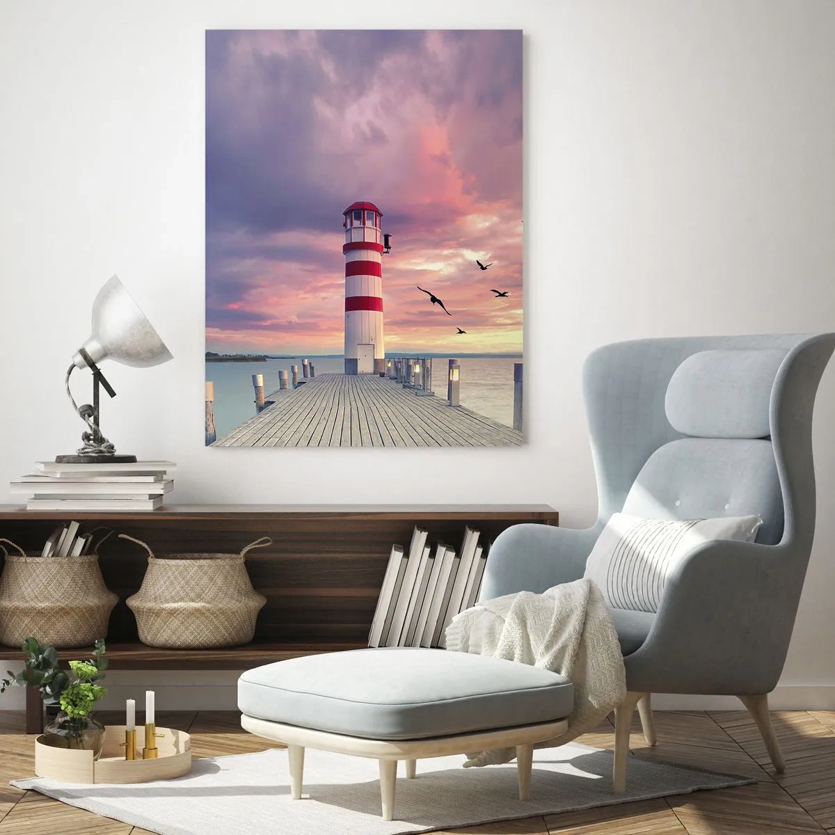 Impression sur verre - Image sur verre - Un phare sur la jetée entouré d'un coucher de soleil pittoresque - 80x120cm - C'est l'heure d'aller au port - Décoration murale moderne pour le salon et la chambre ARTTOR