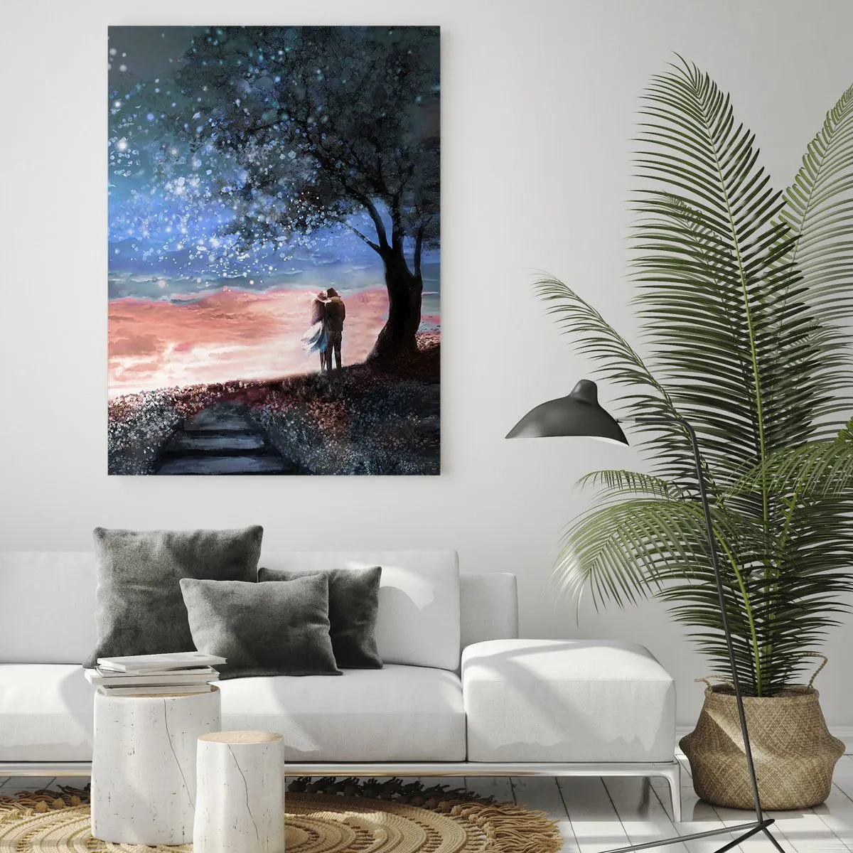 Impression sur verre - Image sur verre - Scène de couple romantique sous la pleine lune - 70x100cm - Spectacle étoilé - Décoration murale moderne pour le salon et la chambre ARTTOR
