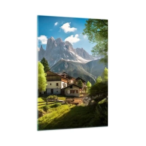 Impression sur verre - Image sur verre - Un village de montagne avec des maisons et une vue sur les Alpes - 70x100cm - Idylle alpine - Décoration murale moderne pour le salon et la chambre ARTTOR
