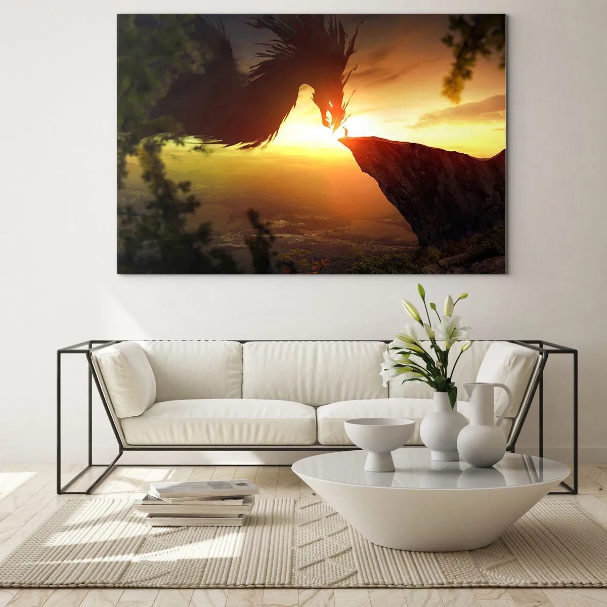 Impression sur verre - Image sur verre - Un dragon dans la lueur du soleil couchant au-dessus d'une falaise - 70x50cm - Chasseur de dragon - Décoration murale moderne pour le salon et la chambre ARTTOR