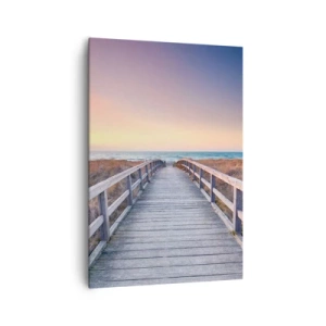 Impression sur toile - Image sur toile - Une jetée en bois menant à la plage au coucher du soleil avec le ciel peint de couleurs pastel. - 70x100cm - Aurore baltique du soir - Décoration murale moderne pour le salon et la chambre ARTTOR