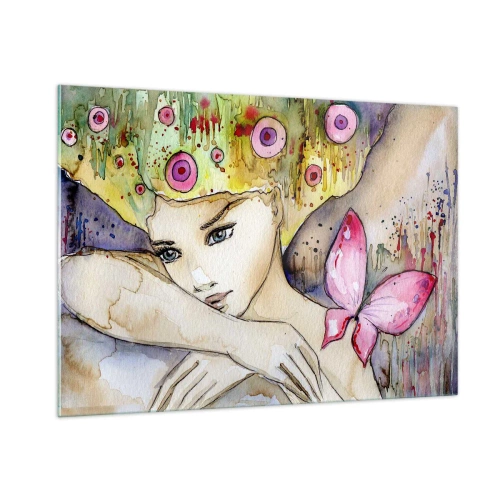 Impression sur verre - Image sur verre - Portrait d'une femme avec une coiffure colorée et un papillon à l'aquarelle - 100x70cm - La princesse papillon - Décoration murale moderne pour le salon et la chambre ARTTOR