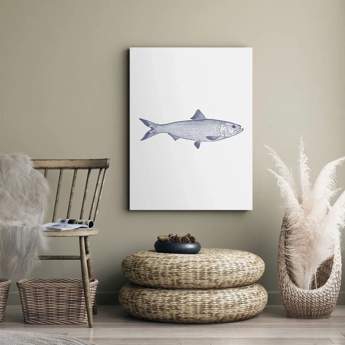 Impression sur toile - Image sur toile - Illustration d'un poisson dans des tons de bleu sur fond clair - 50x70cm - Salutations des mers du nord - Décoration murale moderne pour le salon et la chambre ARTTOR