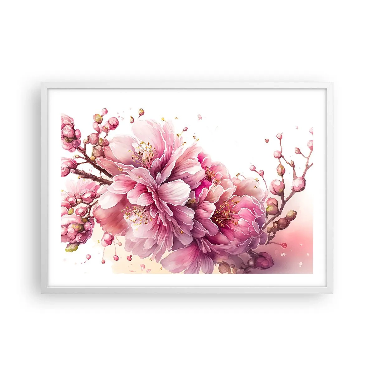 Affiche dans un cadre blanc - Poster - Fleur florissante de cerisier - 70x50 cm
