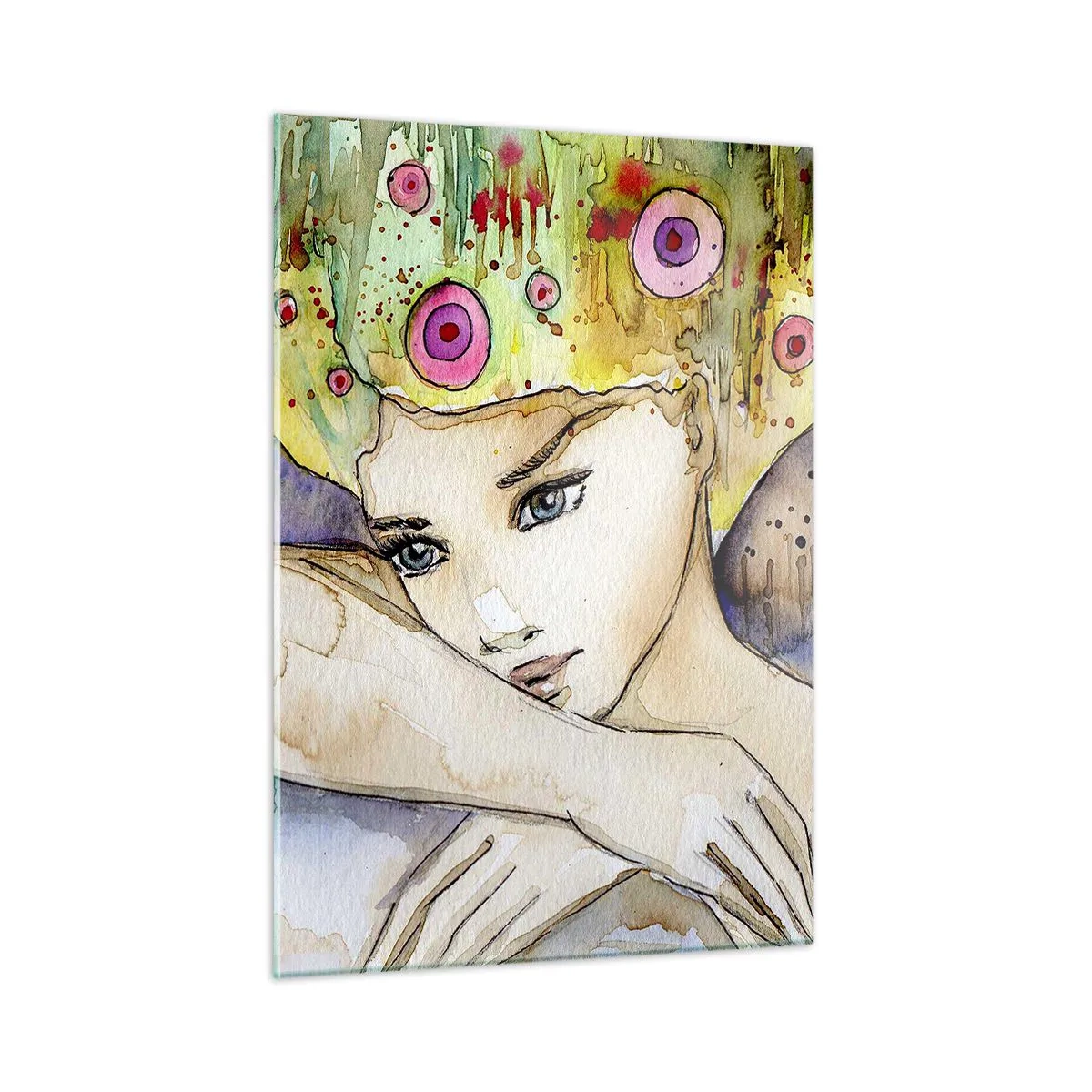Impression sur verre - Image sur verre - Portrait d'une femme avec une coiffure colorée et un papillon à l'aquarelle - 50x70cm - La princesse papillon - Décoration murale moderne pour le salon et la chambre ARTTOR