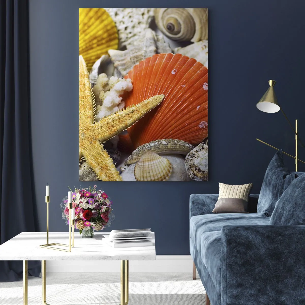 Impression sur verre - Image sur verre - Coquillages colorés et étoiles de mer dans une composition marine - 50x70cm - Trésors de l'océan - Décoration murale moderne pour le salon et la chambre ARTTOR
