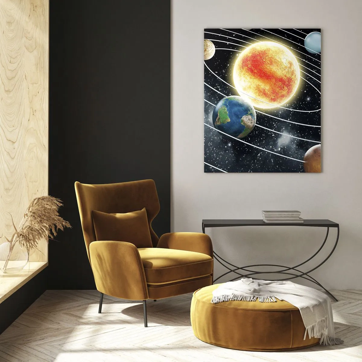 Impression sur verre - Image sur verre - Système solaire avec planètes et soleil dans l'espace - 70x100cm - Danse cosmique - Décoration murale moderne pour le salon et la chambre ARTTOR