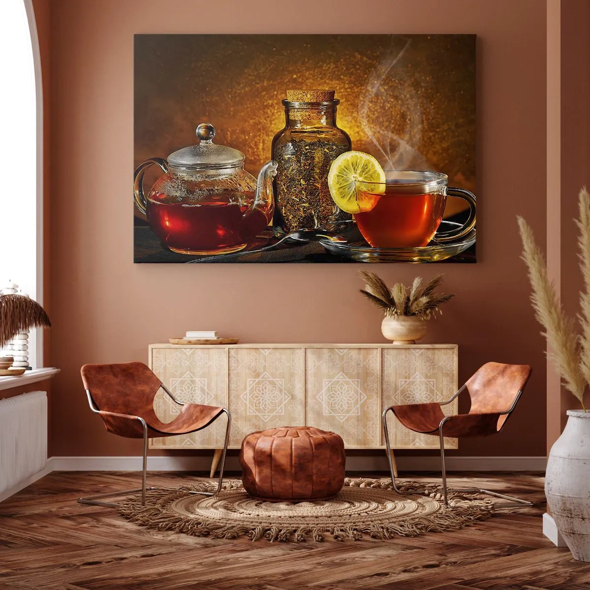 Impression sur toile - Image sur toile - Thé dans une carafe en verre avec du citron et du thé en vrac - 70x50cm - Dans le style des maîtres hollandais - Décoration murale moderne pour le salon et la chambre ARTTOR
