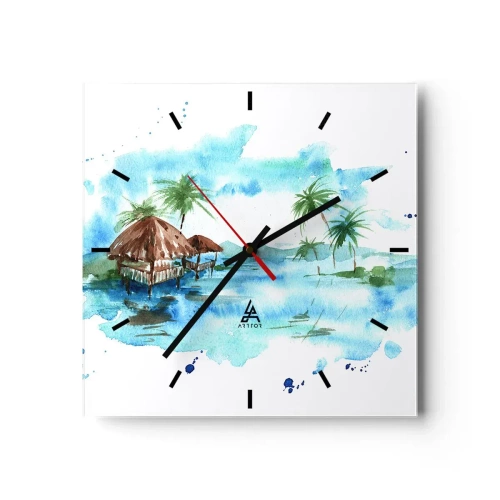 Horloge murale - Pendule murale - Aquarelle représentant un paysage tropical avec des maisons et des palmiers - 30x30cm - Quelque part dans le Pacifique - Décoration murale moderne pour le salon et la chambre ARTTOR