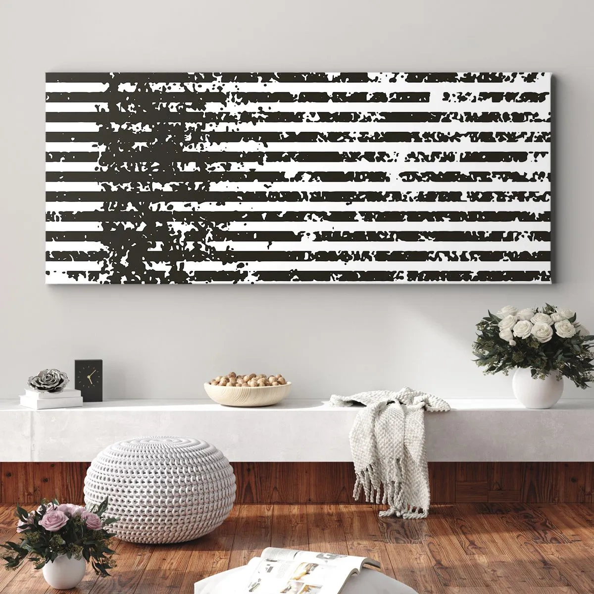 Impression sur toile - Image sur toile - Lignes abstraites avec un effet vieilli en noir et blanc - 140x50cm - Rythme et bruissement - Décoration murale moderne pour le salon et la chambre ARTTOR