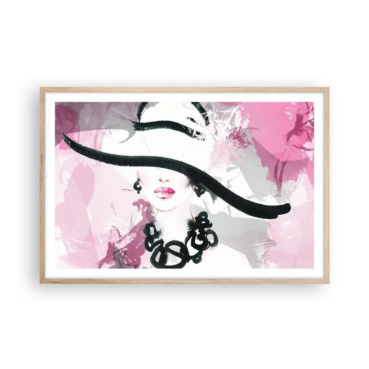 Affiche dans un chêne clair - Poster - Portrait d'une dame en noir et rose - 91x61 cm
