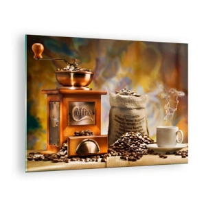 Impression sur verre - Image sur verre - Moulin à café, grains et une tasse sur une table en bois - 70x50cm - Le craquement des grains, le cliquetis d'un moulin - Décoration murale moderne pour le salon et la chambre ARTTOR