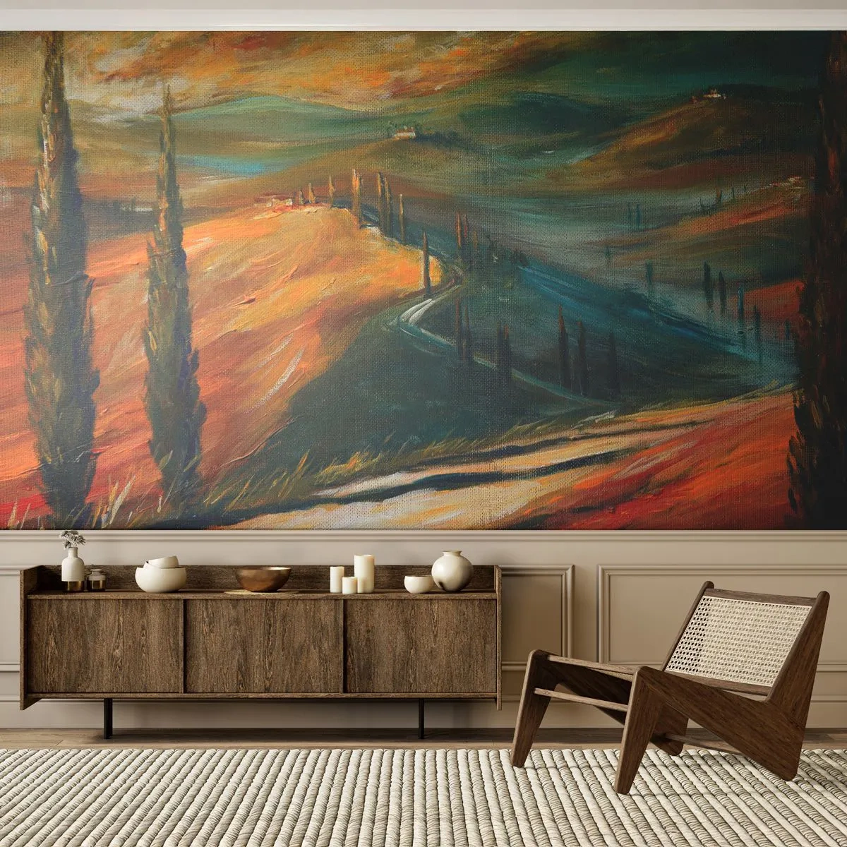 Papier Peint Photo Premium Sand - Le paysage toscan pittoresque avec des cyprès et des collines - 100x70cm - paysage toscan - Décoration murale moderne pour le salon et la chambre ARTTOR