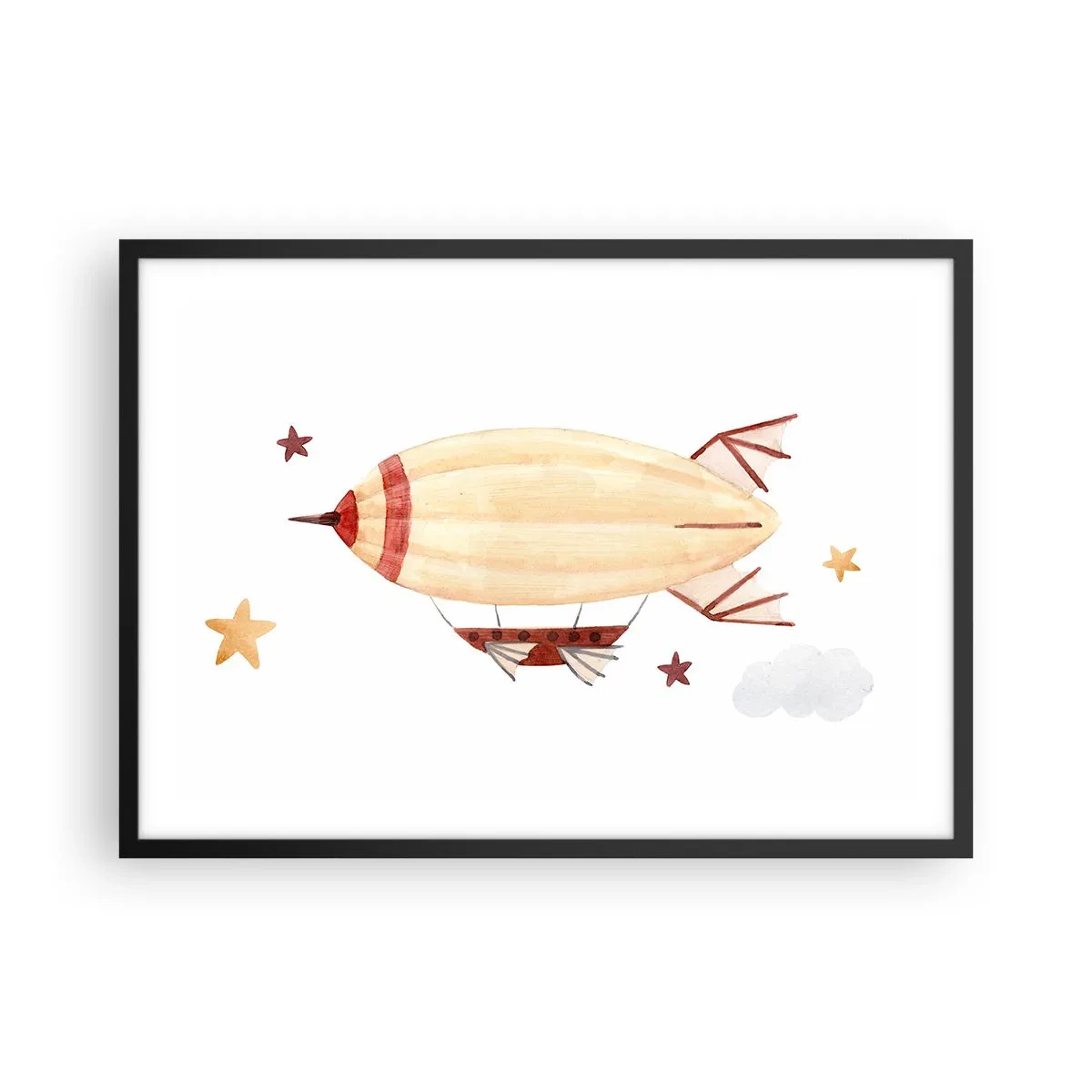 Affiche dans un cadre noir - Poster - Un dirigeable peint à la main sur fond d'étoiles - 70x50cm - Dirigeable - Décoration murale moderne pour le salon et la chambre ARTTOR