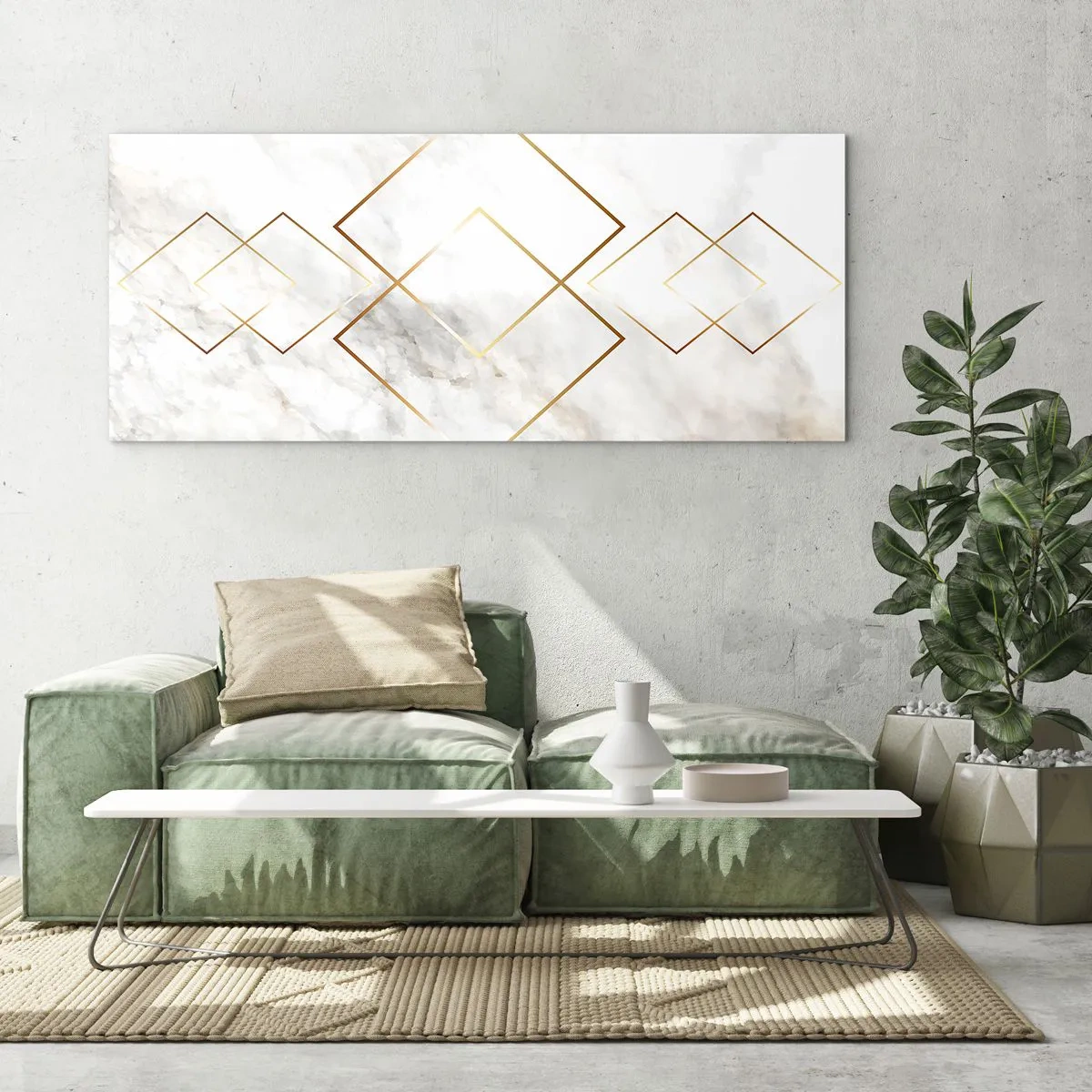 Impression sur verre - Image sur verre - Losanges dorés minimalistes sur fond de marbre - 120x50cm - Vue à l'infini - Décoration murale moderne pour le salon et la chambre ARTTOR
