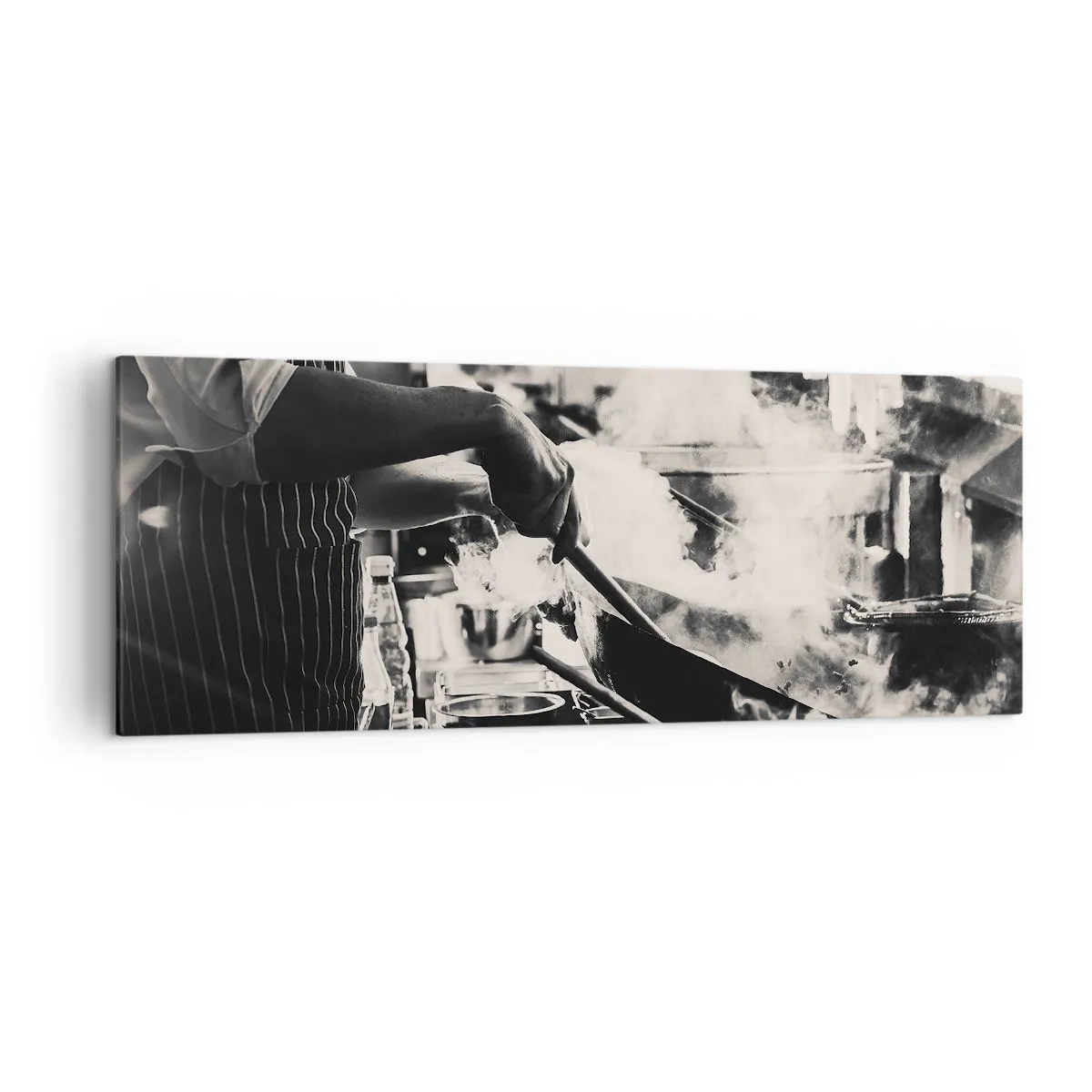 Impression sur toile - Image sur toile - Un chef au travail dans la cuisine avec de la vapeur s'élevant d'une poêle à frire - 140x50cm - Alchimie des saveurs - Décoration murale moderne pour le salon et la chambre ARTTOR
