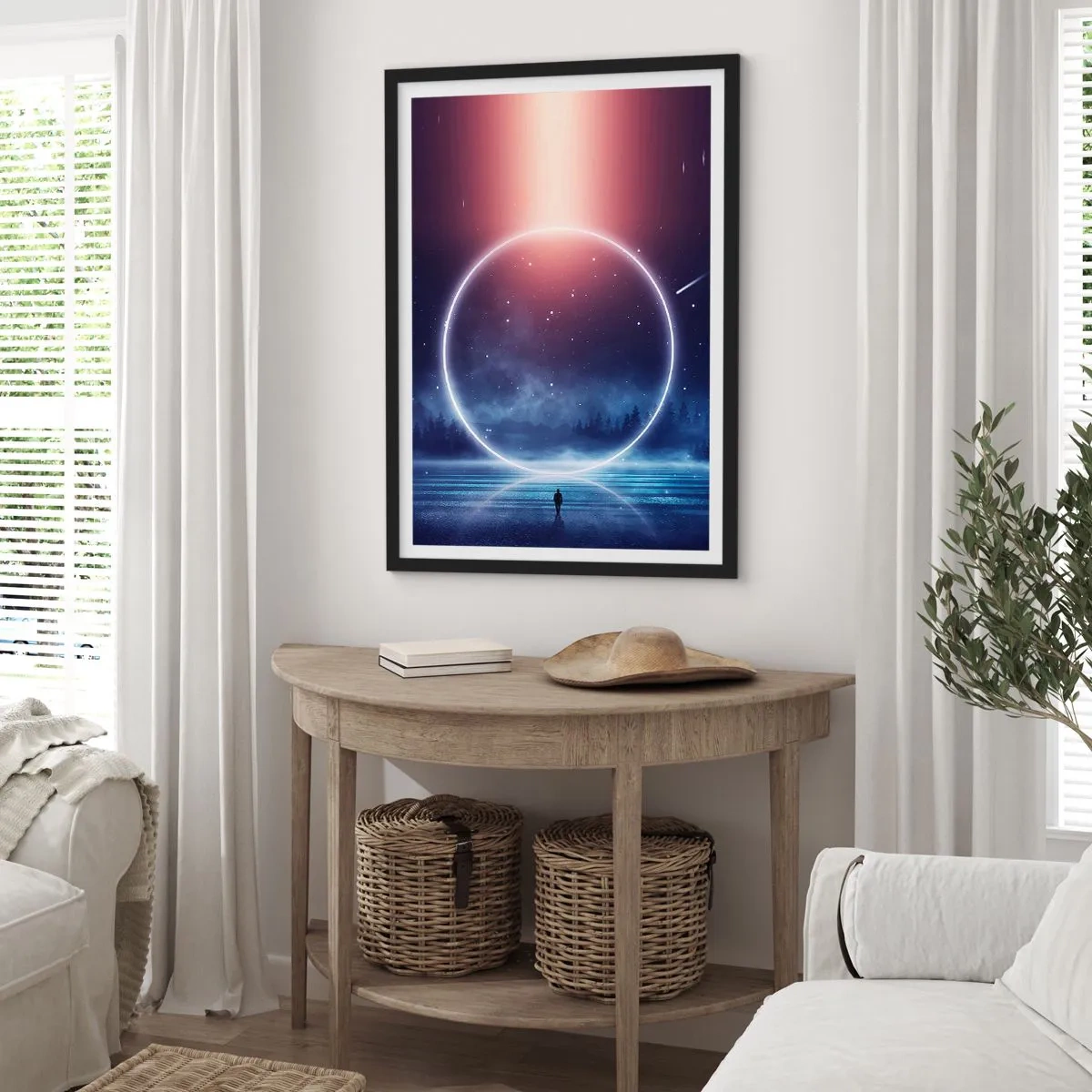 Affiche dans un cadre noir - Poster - Silhouette d'une personne dans un cercle de lumière sur fond d'étoiles - 50x70cm - Ils sont déjà là... - Décoration murale moderne pour le salon et la chambre ARTTOR