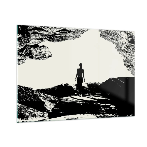 Impression sur verre - Image sur verre - Silhouette d'une femme sortant d'une grotte en graphisme noir et blanc - 100x70cm - Nouveau look - Décoration murale moderne pour le salon et la chambre ARTTOR