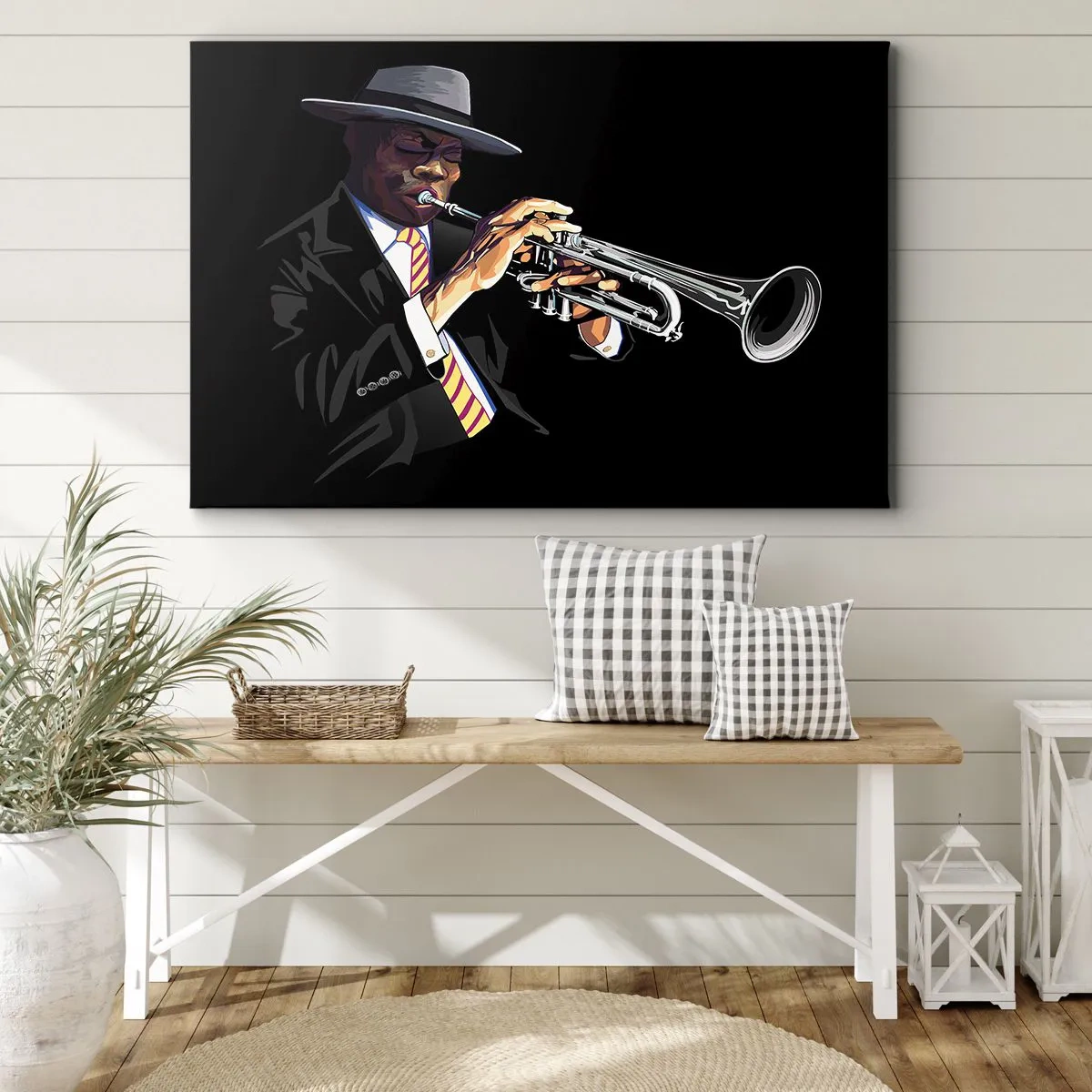Impression sur toile - Image sur toile - Un musicien jouant de la trompette sur un fond noir - 70x50cm - Le charme de la vieille école - Décoration murale moderne pour le salon et la chambre ARTTOR