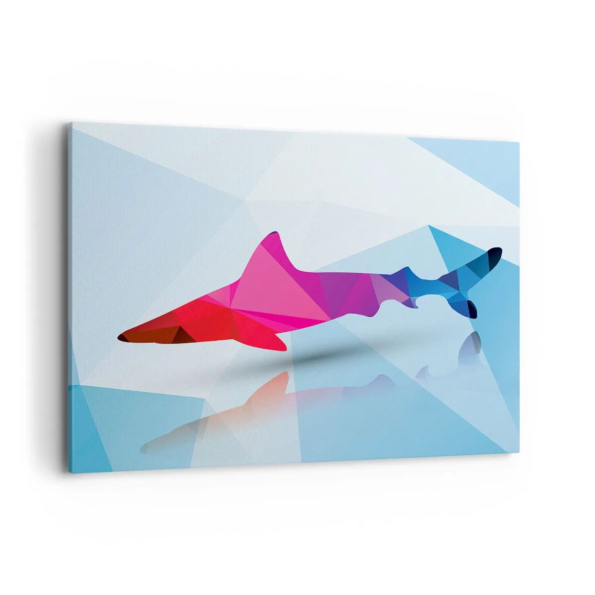 Impression sur toile - Image sur toile - Silhouette de requin géométrique dans les tons rose et bleu - 120x80cm - Un requin dans un espace de cristal - Décoration murale moderne pour le salon et la chambre ARTTOR
