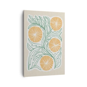 Impression sur toile - Image sur toile - Un motif orange minimaliste avec des feuilles vertes - 70x100cm - Ethnique avec une pointe d'abstraction - Décoration murale moderne pour le salon et la chambre ARTTOR