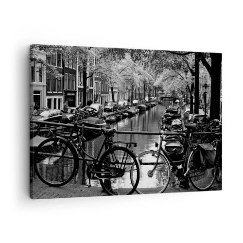 Impression sur toile - Image sur toile - Canal avec des vélos en photographie noir et blanc - 70x50cm - Une vue très hollandaise - Décoration murale moderne pour le salon et la chambre ARTTOR