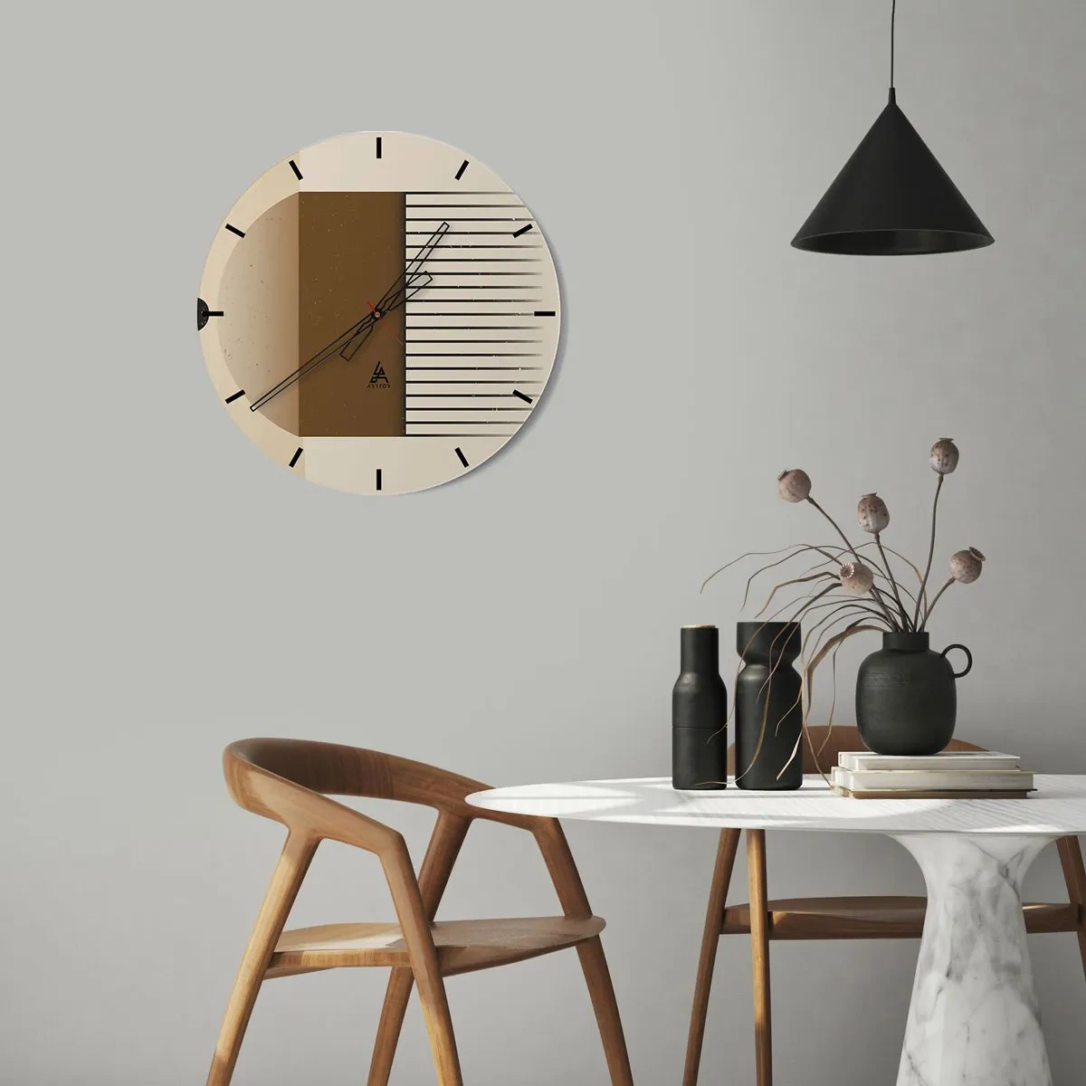 Horloge murale - Pendule murale - Composition géométrique avec des rectangles et des lignes marron sur fond beige. - 30x30cm - Différents états - Décoration murale moderne pour le salon, la cuisine et la chambre ARTTOR