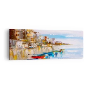 Impression sur toile - Image sur toile - Bateaux colorés sur le rivage surplombant les toits de la ville - 140x50cm - Un havre urbain multicolore - Décoration murale moderne pour le salon et la chambre ARTTOR
