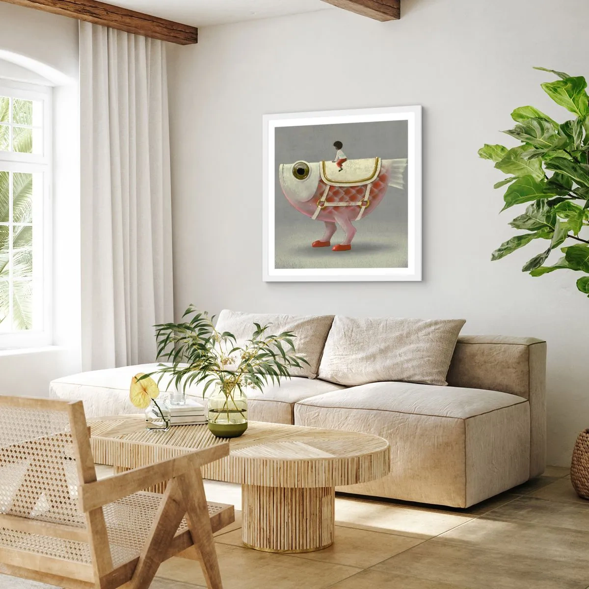 Affiche dans un cadre blanc - Poster - Le cavalier poisson - 60x60 cm
