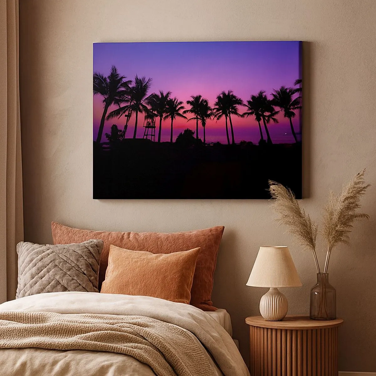 Impression sur toile - Image sur toile - Silhouettes de palmiers sur un ciel de coucher de soleil rose-violet - 70x50cm - Soirée sous les palmiers - Décoration murale moderne pour le salon et la chambre ARTTOR