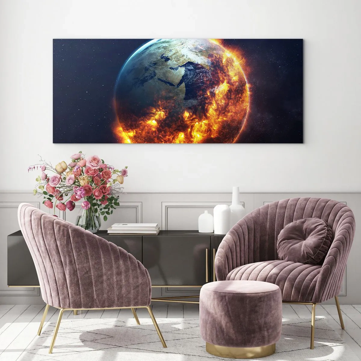 Impression sur verre - Image sur verre - La planète Terre en feu dans l'espace - 160x50cm - La flamme de l'apocalypse - Décoration murale moderne pour le salon et la chambre ARTTOR