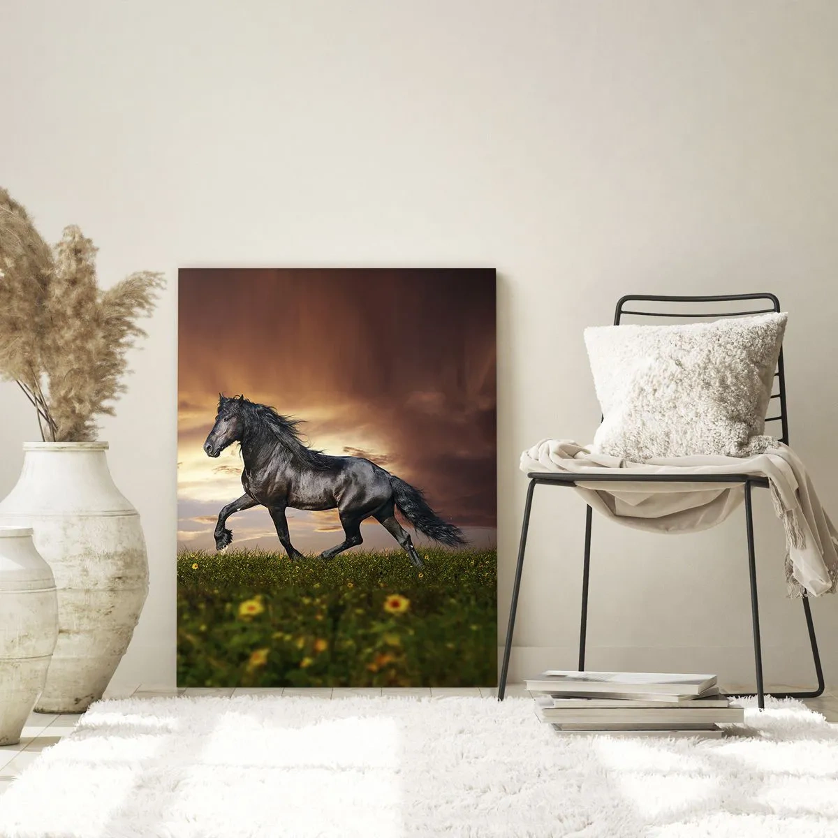Impression sur verre - Image sur verre - Un cheval noir galopant contre le soleil couchant - 50x70cm - Livres noirs - Décoration murale moderne pour le salon et la chambre ARTTOR