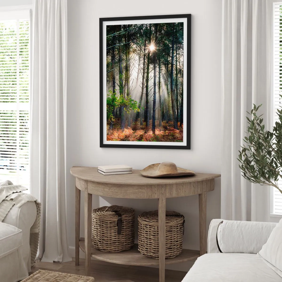Affiche dans un cadre noir - Poster - Rayons de soleil magiques dans le paysage forestier - 50x70cm - Une zone forestière - Décoration murale moderne pour le salon et la chambre ARTTOR