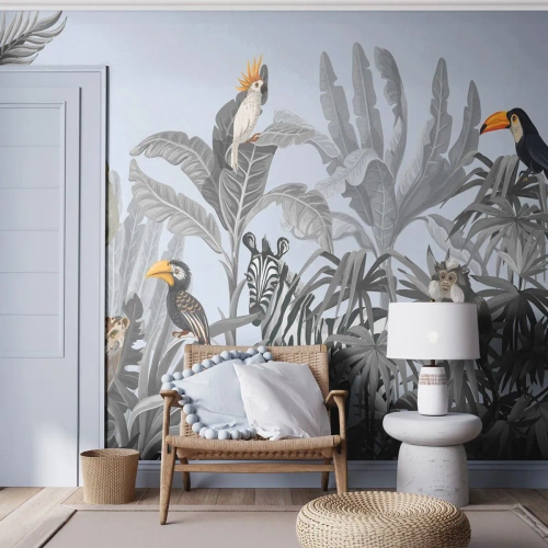 Papier Peint Photo Premium Sand - Animaux exotiques dans une jungle tropicale sur fond clair - 100x70cm - Conte de fées africain - Décoration murale moderne pour le salon et la chambre ARTTOR