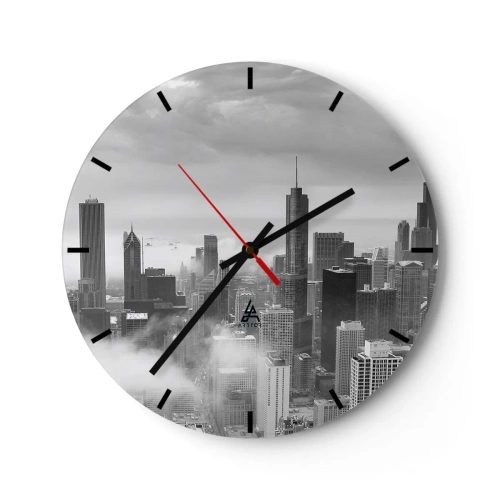 Horloge murale - Pendule murale - Panorama de la ville en noir et blanc avec des gratte-ciels et du brouillard - 30x30cm - Paysage américain - Décoration murale moderne pour le salon, la cuisine et la chambre ARTTOR
