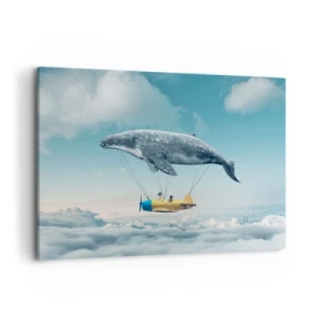 Impression sur toile - Image sur toile - Une baleine volante transporte un avion dans un décor surréaliste. - 120x80cm - Pourquoi pas? - Décoration murale moderne pour le salon et la chambre ARTTOR