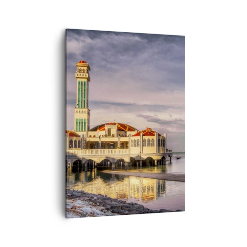 Impression sur toile - Image sur toile - Un bâtiment impressionnant avec un minaret sur l'eau entouré d'un paysage paisible - 50x70cm - Temple de la nature - Décoration murale moderne pour le salon et la chambre ARTTOR