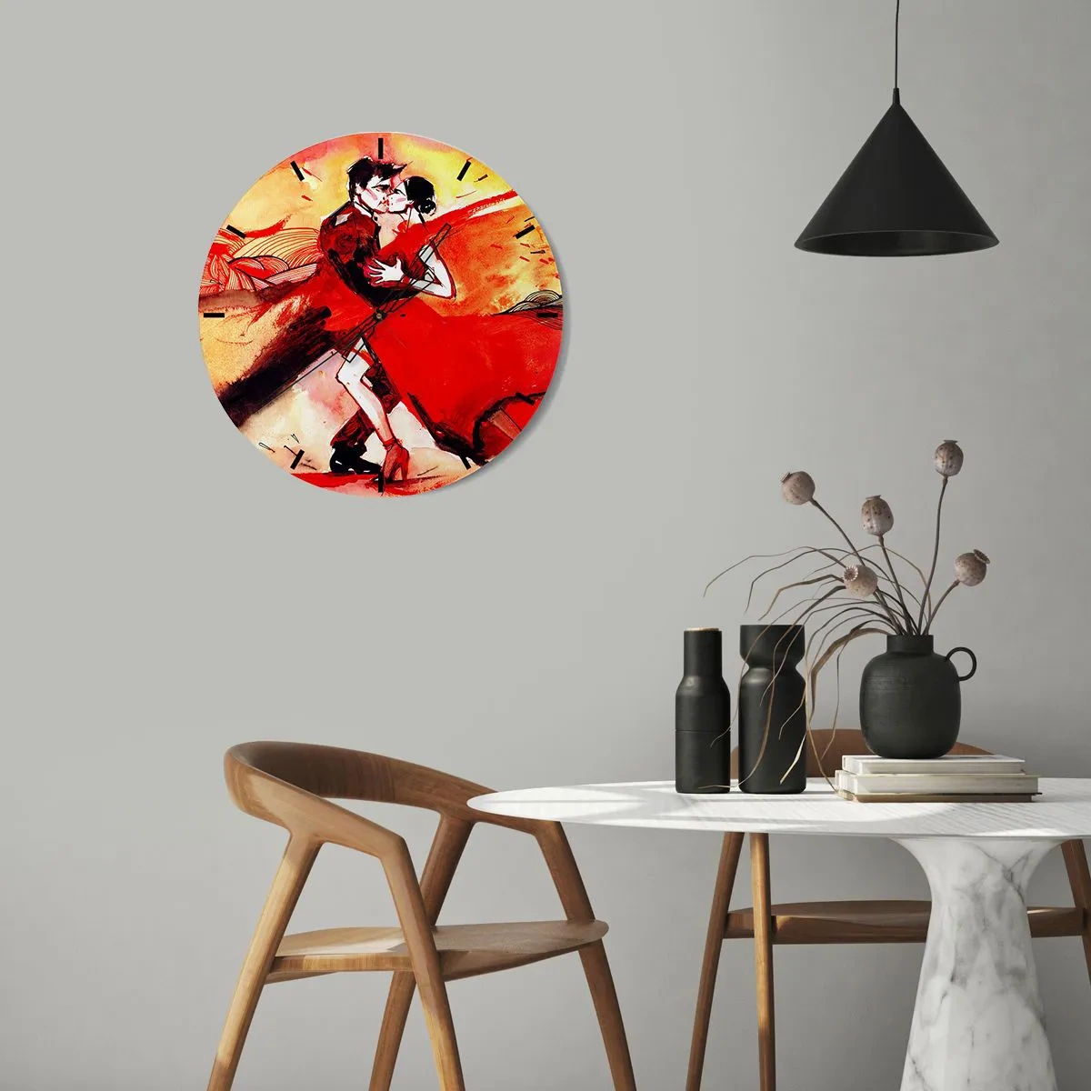 Horloge murale - Pendule murale - Un couple dansant le tango dans des tons de rouge et d'or - 30x30cm - Le rythme violet de la passion - Décoration murale moderne pour le salon, la cuisine et la chambre ARTTOR