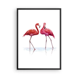 Affiche dans un cadre noir - Poster - Deux flamants roses sur fond blanc avec reflet dans l'eau - 50x70cm - Rendez-vous rose - Décoration murale moderne pour le salon et la chambre ARTTOR