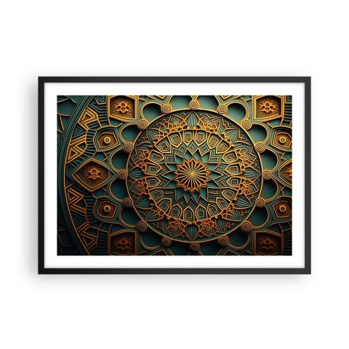 Affiche dans un cadre noir - Poster - Un mandala doré sur fond turquoise avec des détails riches. - 70x50cm - Dans une ambiance arabe - Décoration murale moderne pour le salon et la chambre ARTTOR