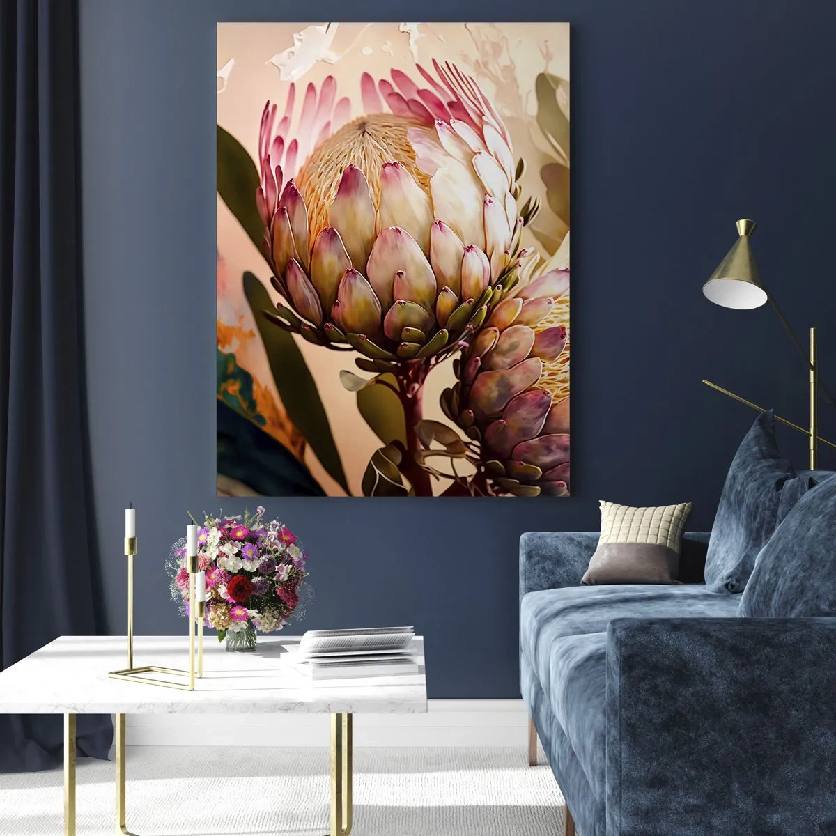 Impression sur verre - Image sur verre - Fleurs de Protea aux tons chauds et à la lumière douce - 50x70cm - Tendrement embrassé - Décoration murale moderne pour le salon et la chambre ARTTOR