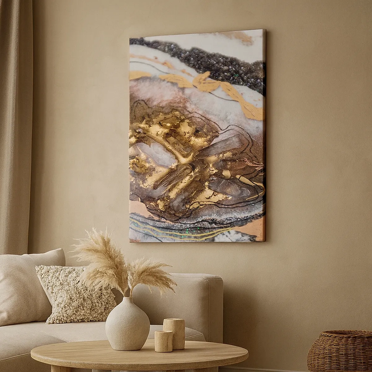 Impression sur toile - Image sur toile - Composition abstraite avec des éléments d'or et de cristaux - 50x70cm - Élément de la terre - Décoration murale moderne pour le salon et la chambre ARTTOR