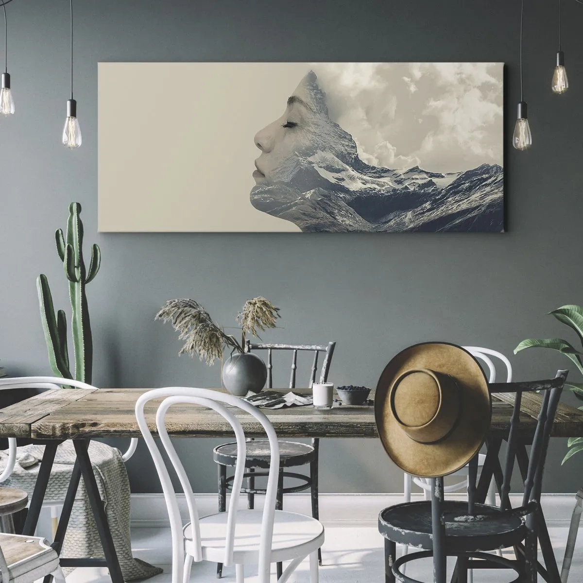 Impression sur toile - Image sur toile - Silhouette d'une femme avec un paysage de montagne en arrière-plan - 140x50cm - La beauté des éléments - Décoration murale moderne pour le salon et la chambre ARTTOR