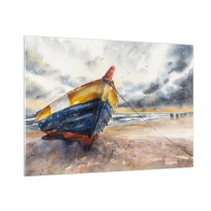 Impression sur verre - Image sur verre - Un bateau coloré sur la plage par temps nuageux - 100x70cm - Repos sur le rivage - Décoration murale moderne pour le salon et la chambre ARTTOR