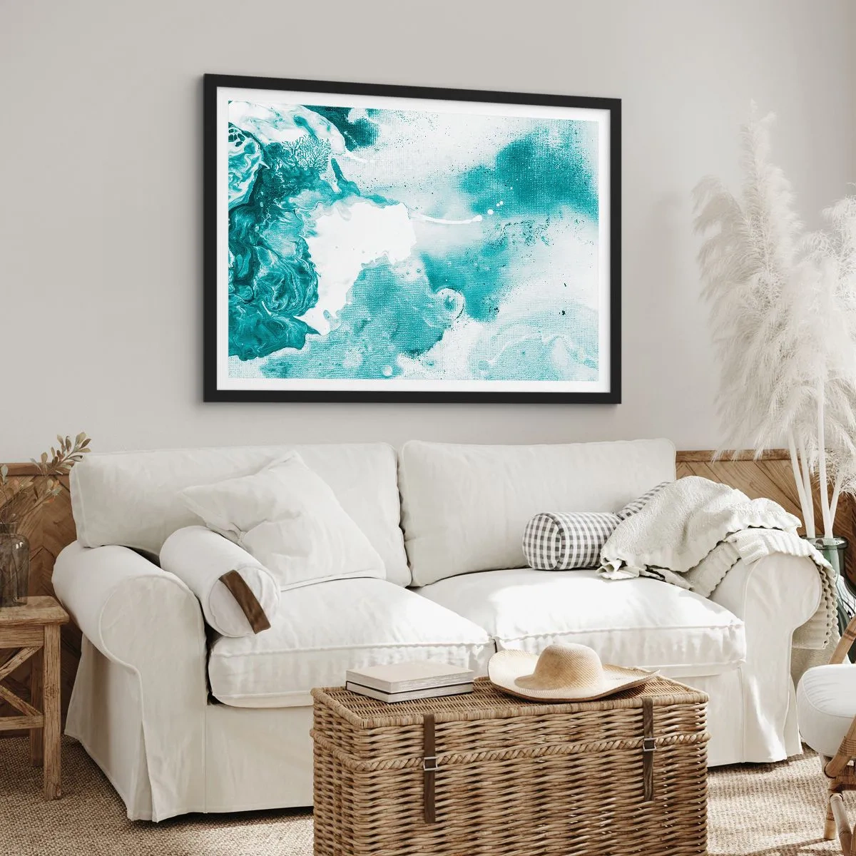 Affiche dans un cadre noir - Poster - Abstraction dans des tons de bleu avec de délicats accents de blanc - 70x50cm - Marécage bleu - Décoration murale moderne pour le salon et la chambre ARTTOR