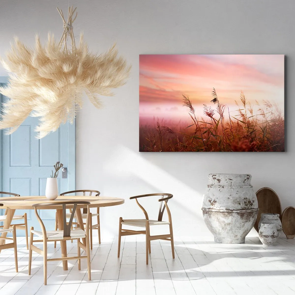 Impression sur toile - Image sur toile - Un champ d'herbe sur fond de coucher de soleil pittoresque - 100x70cm - Cerfs-volants, pissenlits, vent - Décoration murale moderne pour le salon et la chambre ARTTOR